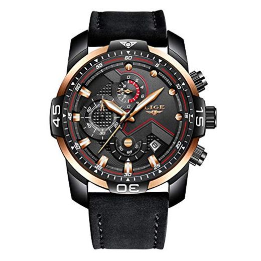 LIGE Relojes para Hombre Masculino Moda Militar Impermeable Deporte Cuarzo Analógico Reloj Elegante Negro Dial Grande Gents Cronógrafo Fecha Calendario Cuero Reloj de Pulsera Caballeros