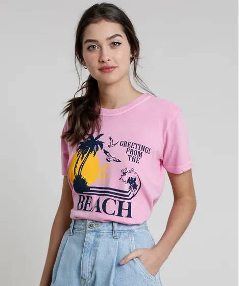 Products T-Shirt feminina mindset beach manga curta- Rosa