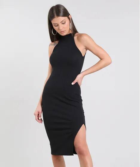 Productos Vestido midi halter neck canelado com fenda- Gola alta preto