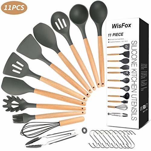 Product WisFox Utensilios Cocina de Silicona,Antiadherente con Mango de Madera para Utensilios,No Tóxicas