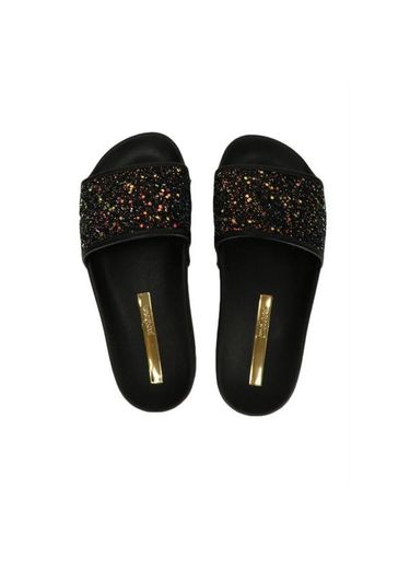 Slide feminino com glitter preto