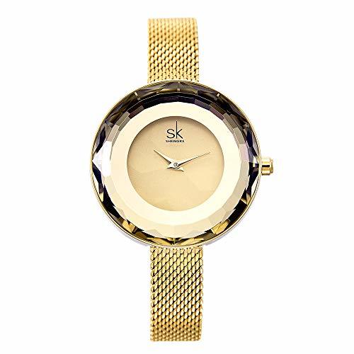 Social SHENGKE Señoras de la Moda Reloj Prism Fac Oro Malla de Acero