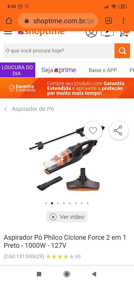 Fashion Aspirador Pó Philco Ciclone Force 2 em 1 Preto - 1000W - 127