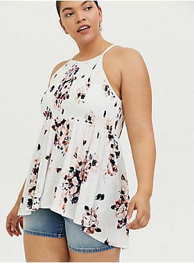 White floral smocked high neck babydoll cami