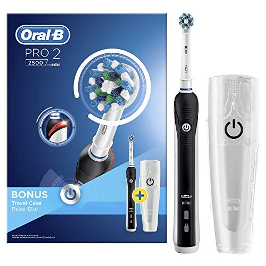 Social Oral-B Pro 2 2500 CrossAction - Cepillo de dientes eléctrico recargable por Braun, 1 mango negro, 2 modos don Douceur, 1 cabezal