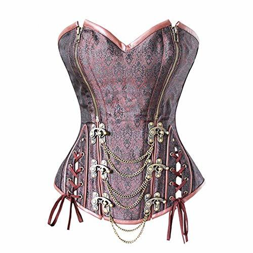 yanzijie Retro Corsé Marrón Brocado Cremallera Doble Sobrebusto Steampunk Botones Dobles De