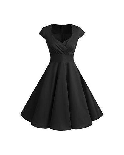 Bbonlinedress Vestido Corto Mujer Retro Años 50 Vintage Escote En Pico Black