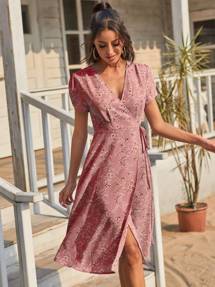 Moda Vestido Rosa Nó Floral Boho
