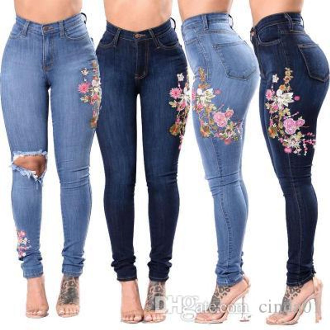 Social 2020 Vintage Slim Flower Bordado Jeans para Mujer Skinny Denim Blares Pantalones