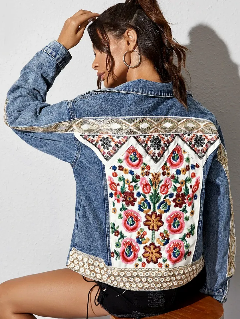 Moda Tribal Embroidery Denim Trucker Jacket | SHEIN EUR