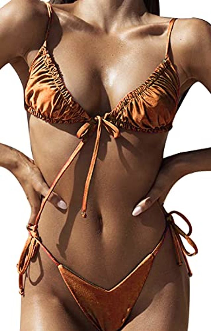 Moda Bikinis para Mujer con Cordón Lateral Traje de baño con Cuello en V Triángulo Top de Bikini de Dos Piezas