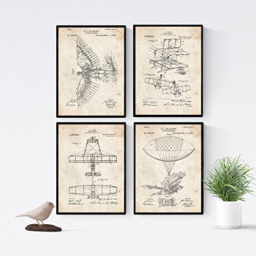 Product Nacnic Vintage - Pack de 4 Láminas con Patentes de Aviones