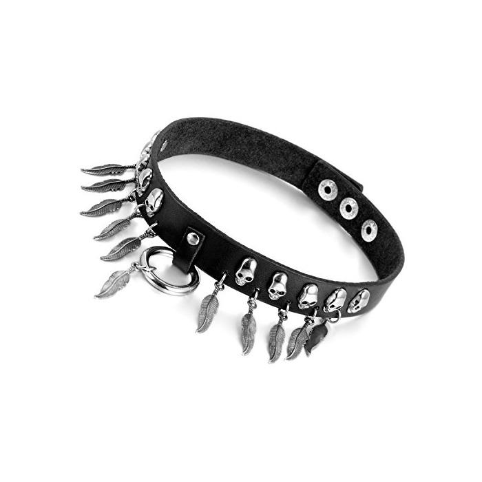 Product Cupimatch Choker Gargantilla Punk Collar Pinchos Mujer Calavera Colgante Pluma Gótico Cuero Joyería