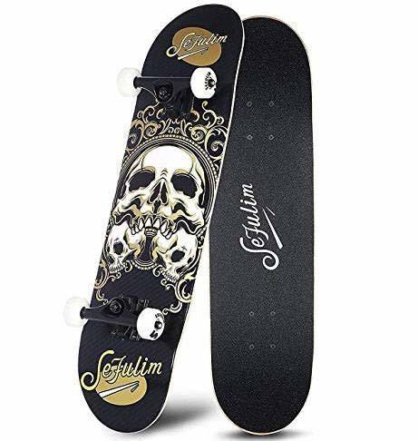 Producto Sefulim Skull Skateboard Complete 31x8 Inches Double Kick Trick Skateboards Cruiser Penny