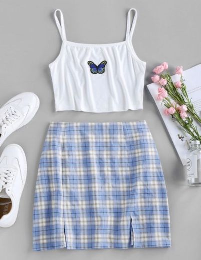 Conjunto De Camiseta De Cami Corte Con Bordado De Mariposa