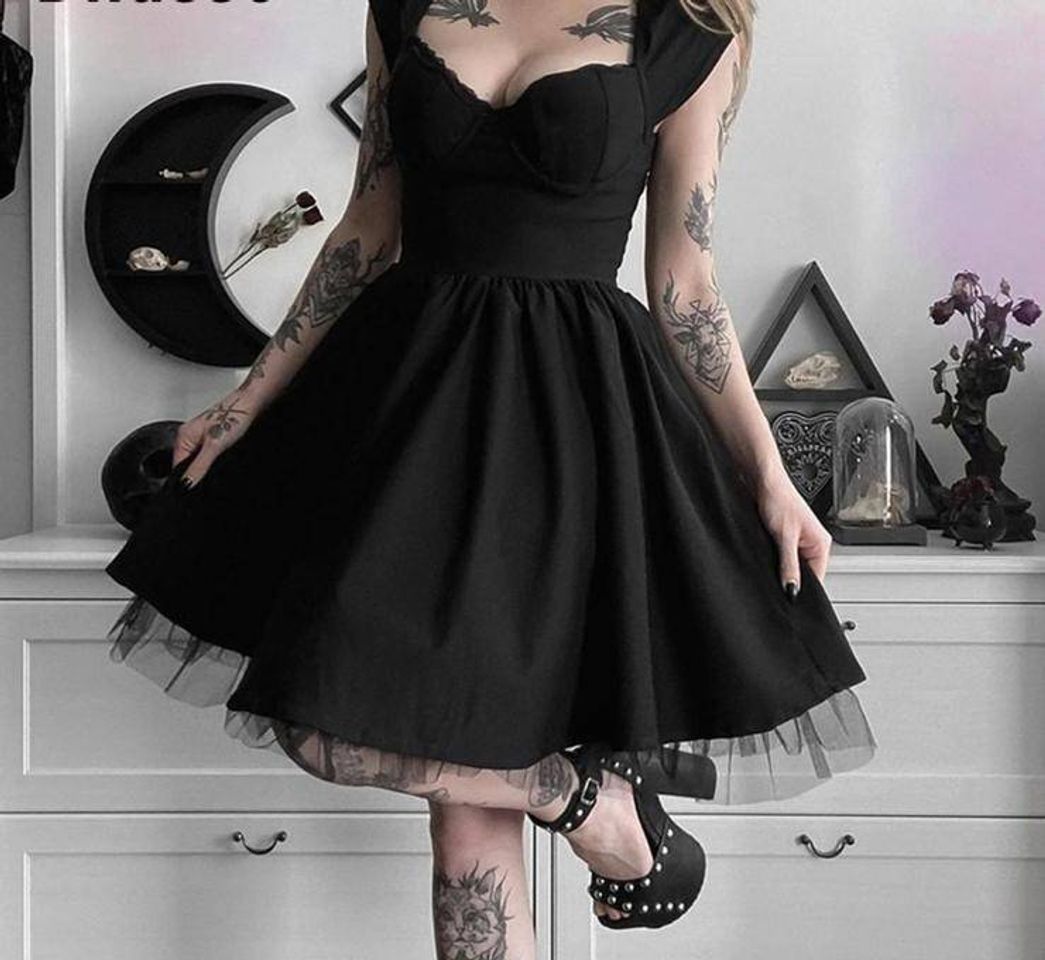 Fashion Vestido vintage Harajuku Goth negro de mujer punk

