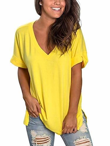 Camisetas Manga Corta Mujer Tallas Grandes Camiseta Cuello V Amarillo XXL