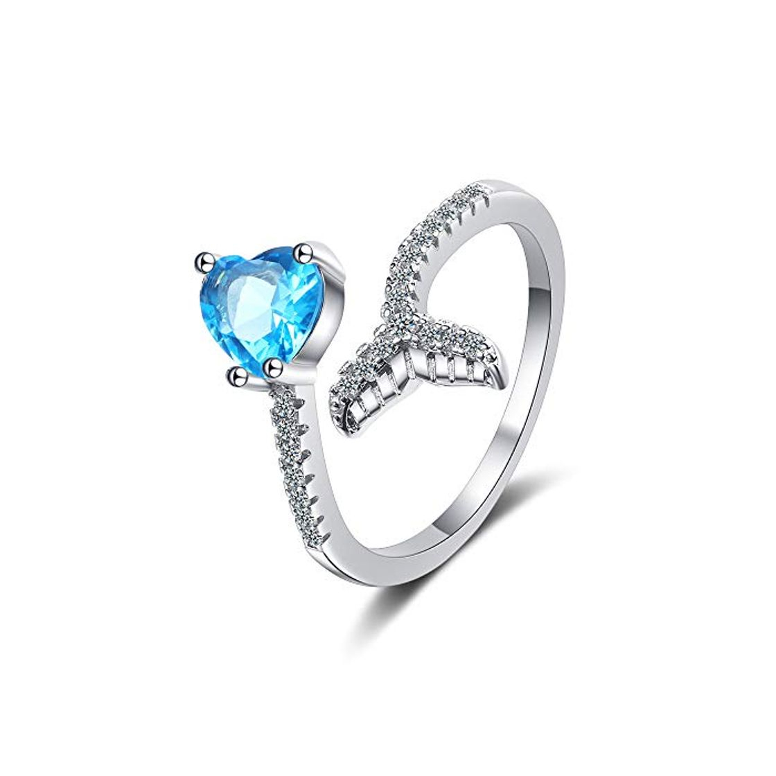 Fashion Amor corazón azul cristal abierto dedo anillo delfín ballena cola de pescado sirena anillo ajustable para mujer joyería de boda