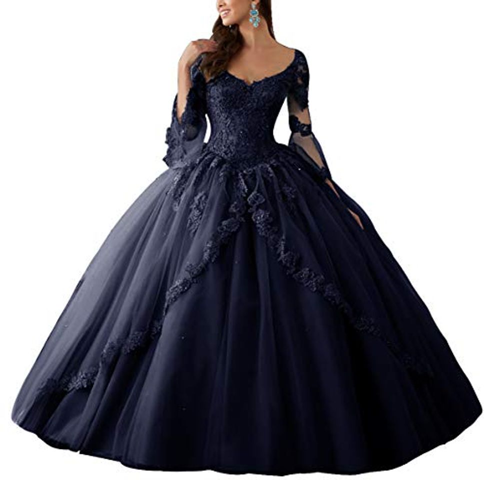 Fashion Vestidos de Baile Vestidos Largos de Novia de Encaje Vestidos de Quinceañera de Manga Larga Traje de Ceremonia de Princesa con Cuello en V Azul Marino 38