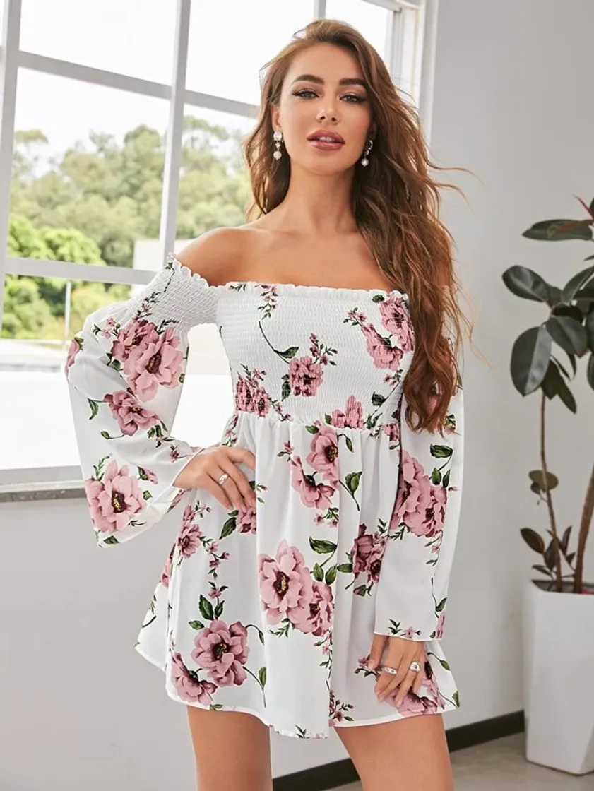 Moda Off Shoulder Frill Trim Shirred Floral Dress