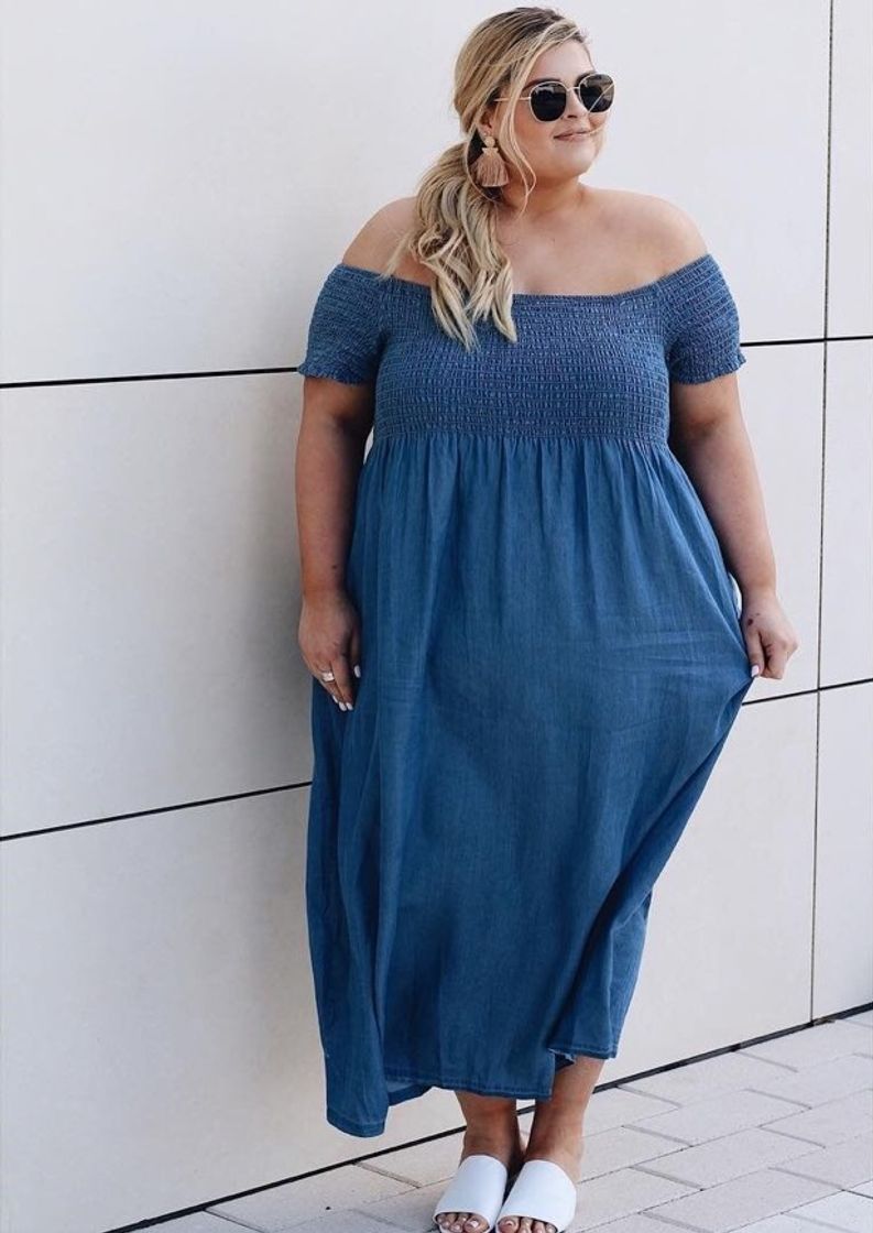 Fashion Vestido jeans ombro a ombro plus size 