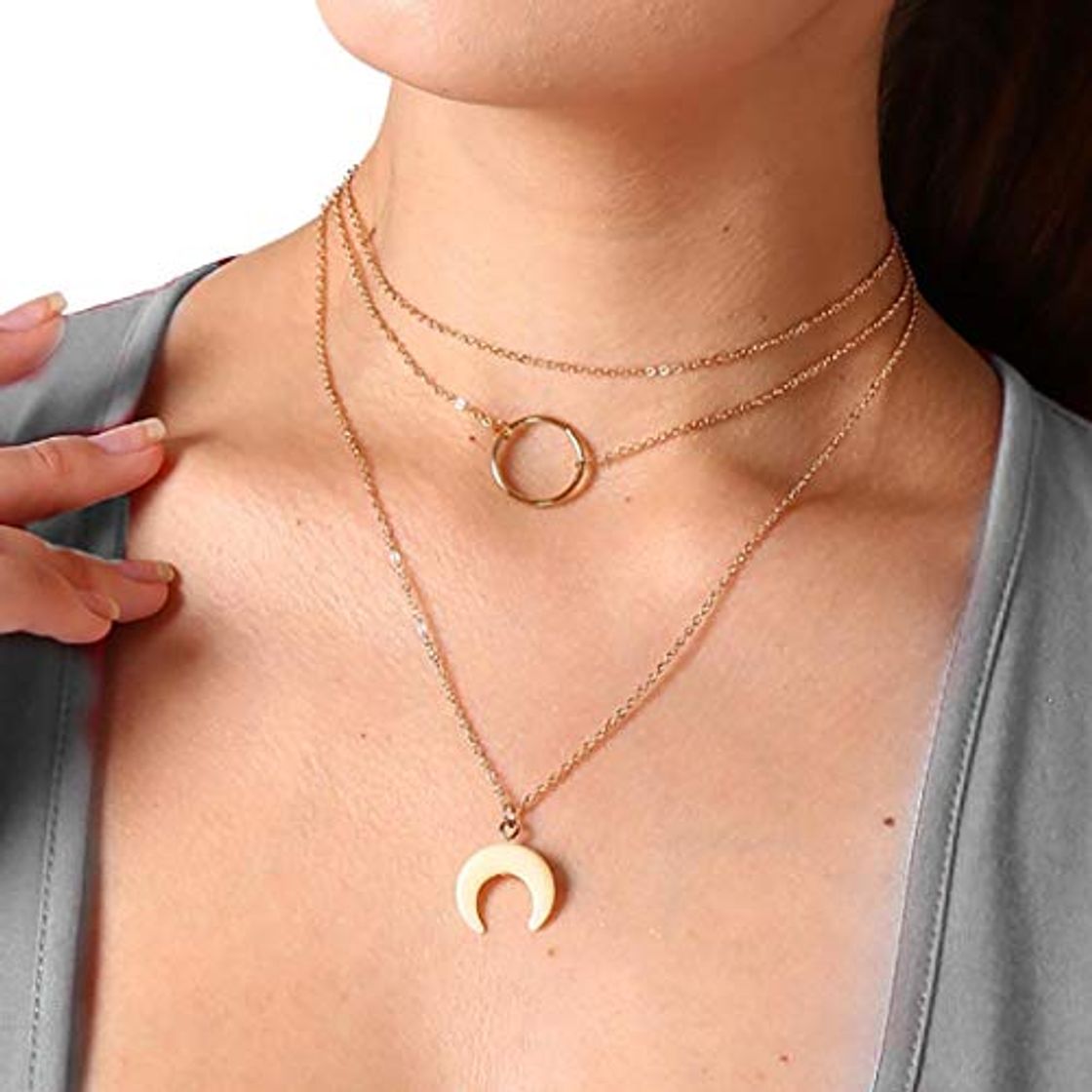 Moda Forall Collar Boho Circle Layered Gold Acrylic Moon Pendant Choker Neck Chain Dainty Clavicle Chain Jewelry For Women And Girls