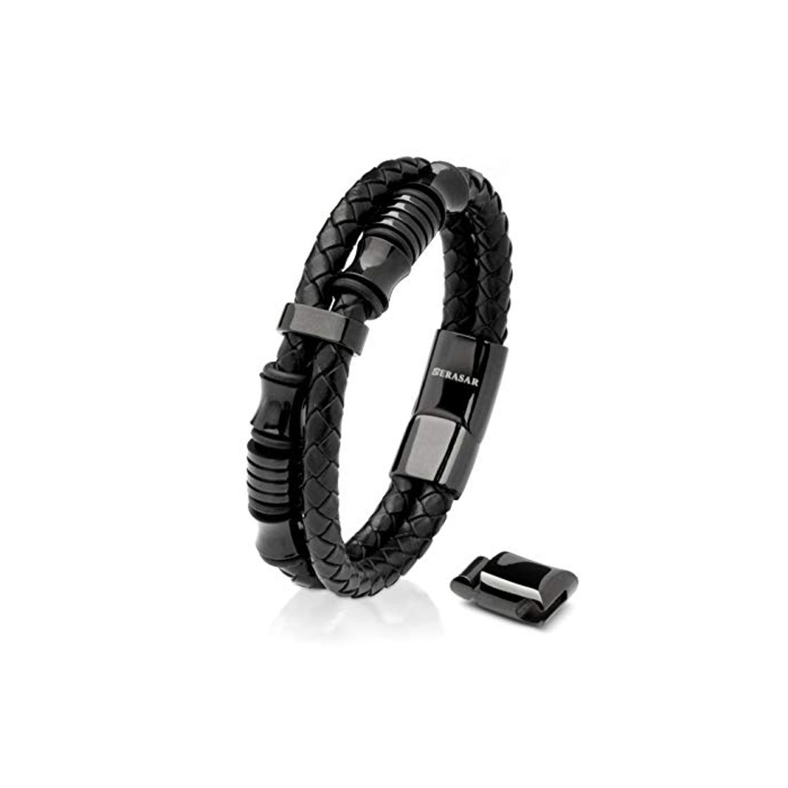 Moda SERASAR 23cm Negro Pulsera de Cuero Hombre Chico Pulseras Hombres Brazalete Brazaletes Pulso Muñequera Muñequeras Bisuteria Bisutería Joyeria Nudos Cuerda Cuerdas Bracelet Men Jewellery Unisex Ancha