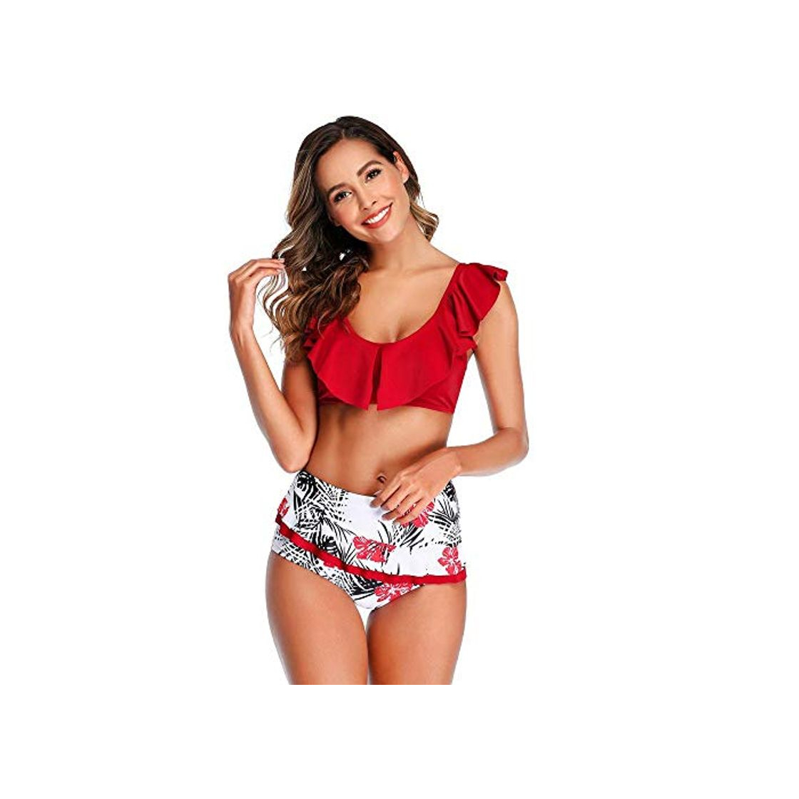 Fashion Bikini Conjunto De Bikini con Dobladillo con Volantes De Gran Tamaño Floral Mujer Cuello En V Cintura Alta Traje De Baño De Dos Piezas Traje De Baño De Playa Traje De Baño Biq