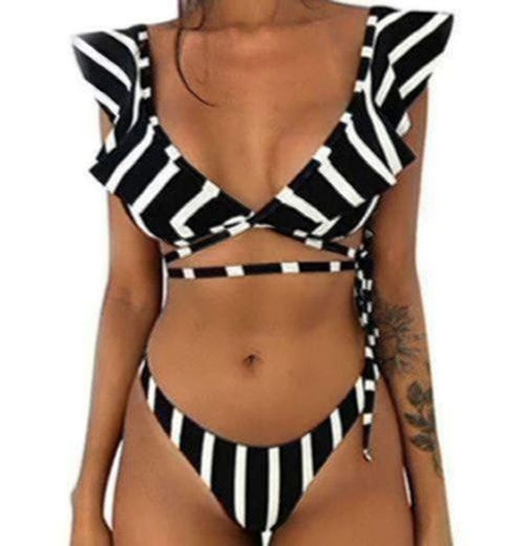 Moda Bikini de Volantes Triangulo Push Up Mujer Trajes de Baño Flores de Dos Piezas Biquini Brasileño Rayas Vikini Bikinis Brasileña Señora Bañador Piscina Playa Mujeres Bañadores Natacion Blanco Negro M