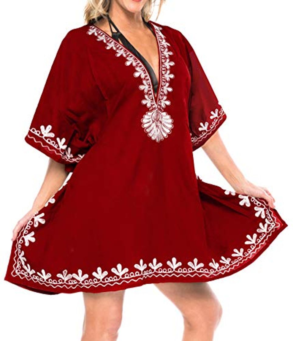 LA LEELA Kimono Ray?n Traje de ba?o Traje de ba?o Trajes de ba?o del Bikini de Las Mujeres Encubrir Blusa Blood Rojo_N683