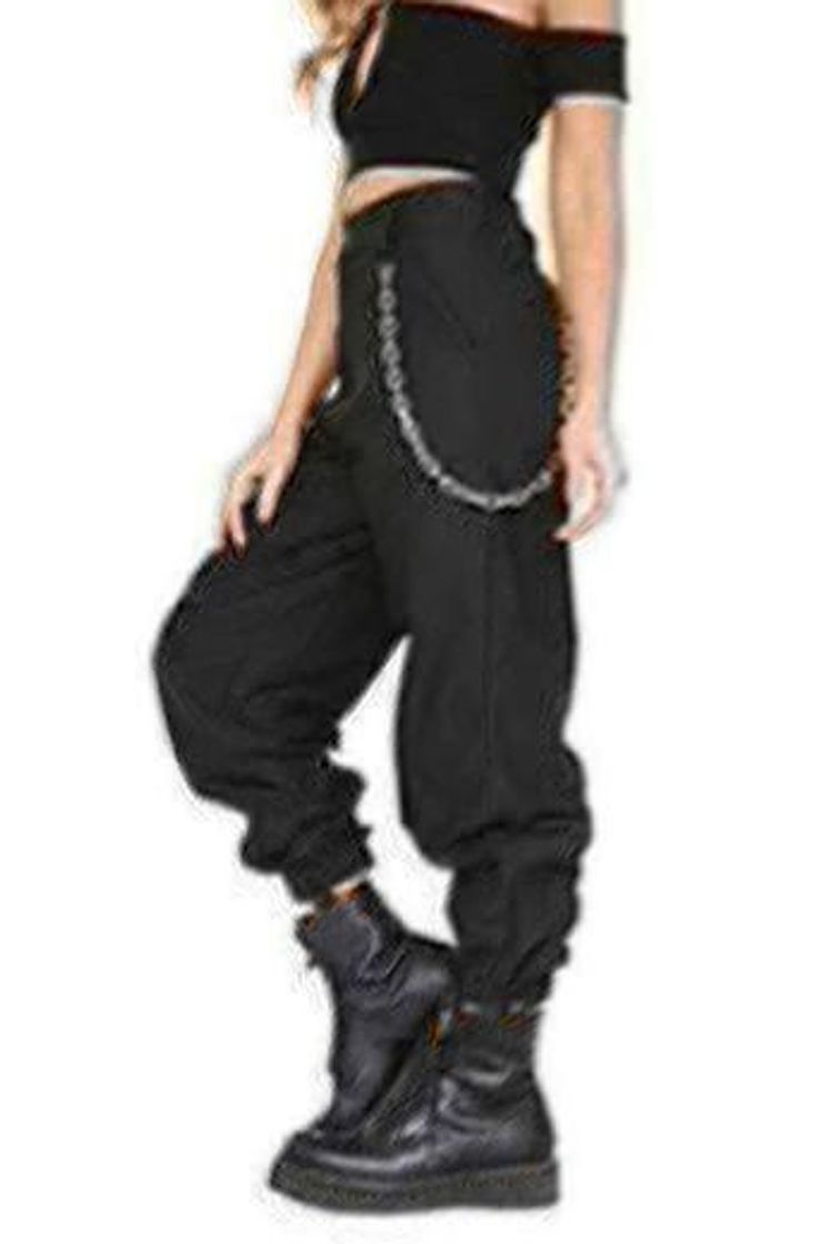 Social Pantalon con Cadena y Bolsillos Mujer Retro Boyfriend Pantalone Chandal Cargo Baggy Hip Hop Danza Harem Pants Leggins Deporte Cintura Alta Sólido Casual Trousers Verano Pantalones Punk Rock Streetwear