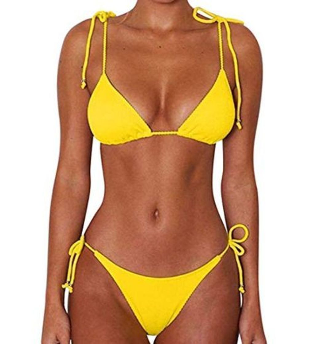 JFan Bikini de Lazo Acanalado para Mujer Traje de Baño Brasileño con Parte Inferior Descarada
