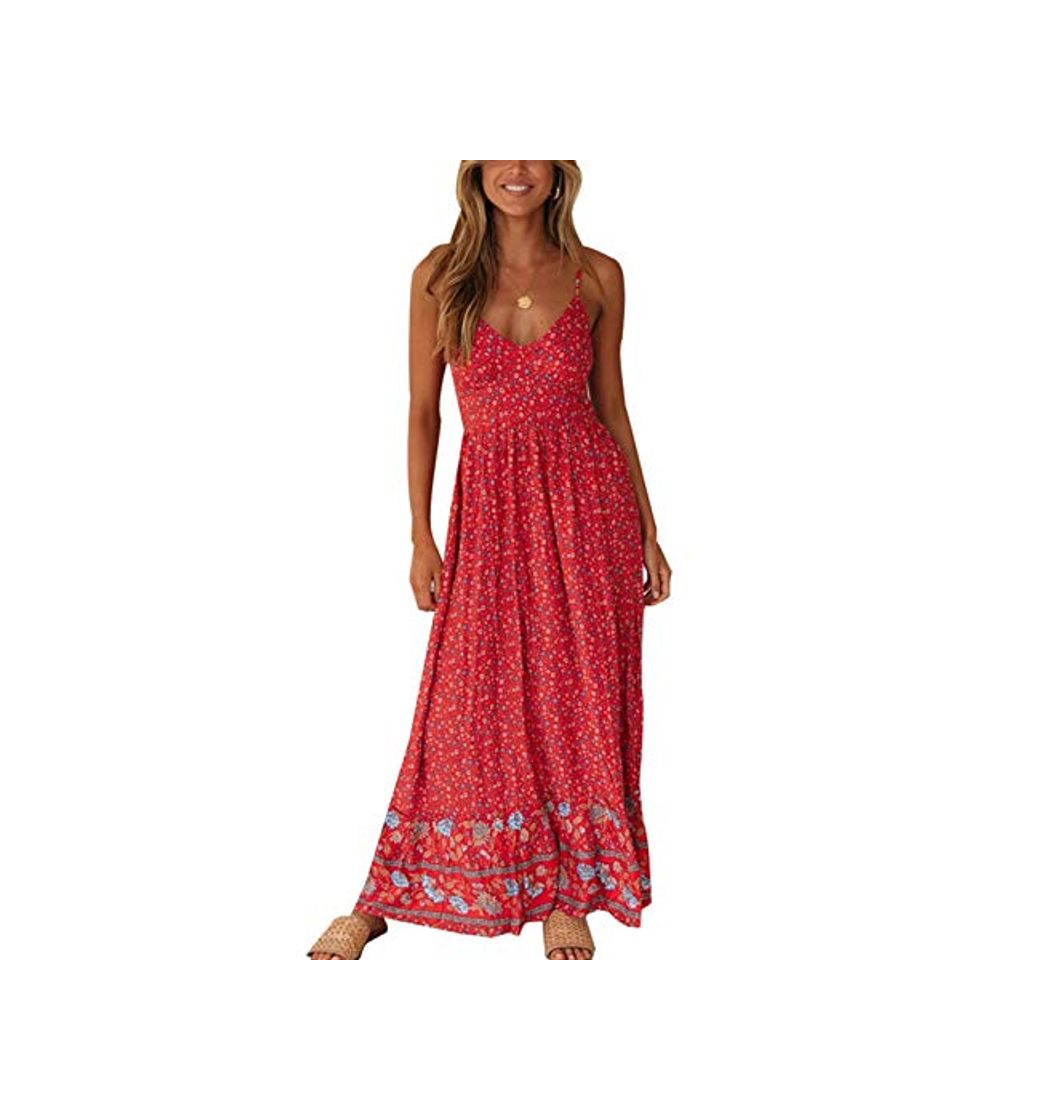 Moda Vestido Maxi Floral para Mujer Vestidos De Playa Bohemios con Tirantes Finos De Verano Rojo L