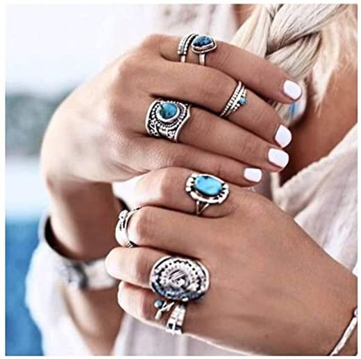 IYOU - Juego de anillos de plata tallados con piedras preciosas, para