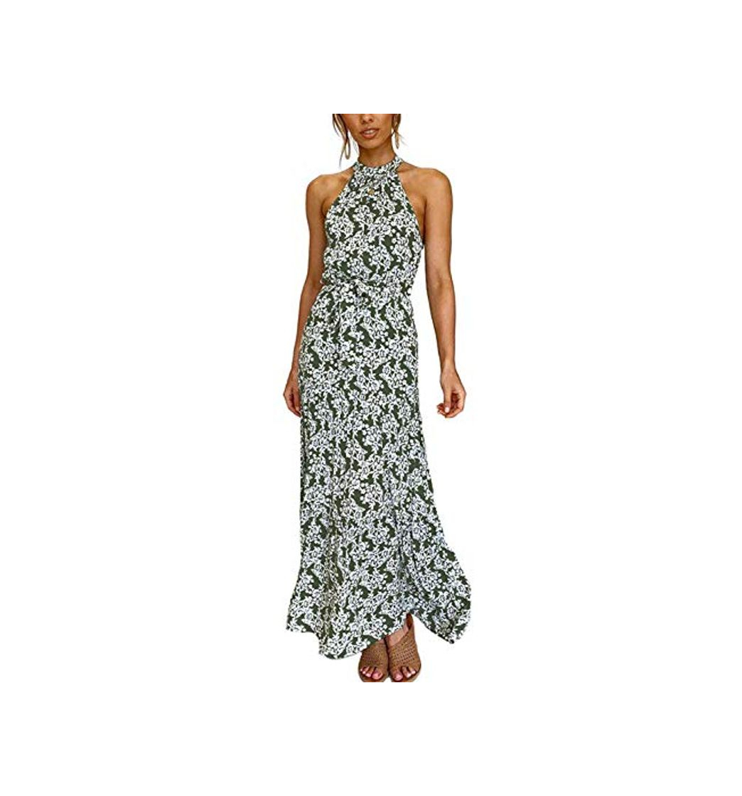 Moda Mujeres Verano Bohemio Vestido Halter Sin Mangas Skater Floral Maxi Vestidos Verde M