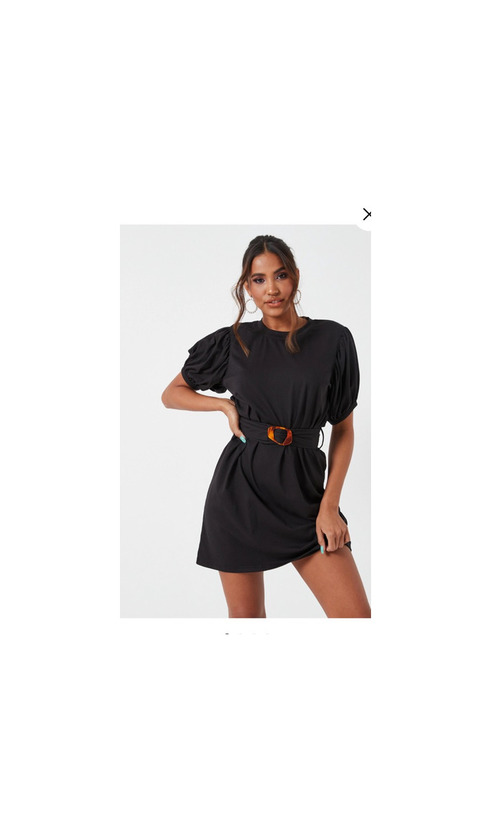 Product Black Puff Sleeve Belted Jersey Mini Dress