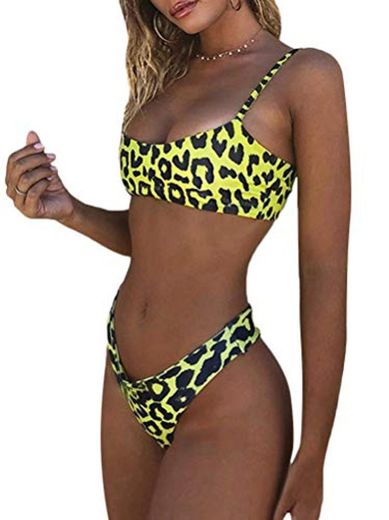 Tomwell Mujer 2 Piezas Bikini Set Push Up Traje de Baño Moda Estampado de Leopardo Bañador 1 Amarillo ES 34