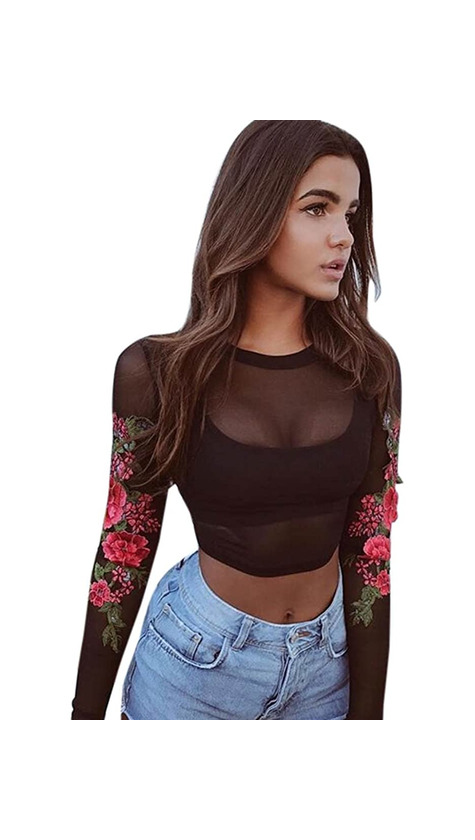 Social Honestyi Mujer ropa, Mujer O cuello Elegante manga larga Bordado flores camisa tops Sudadera (negro