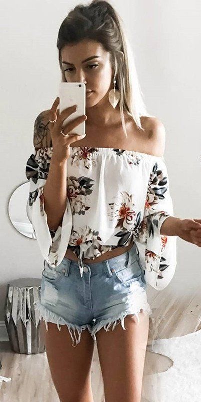 Social QIYUN.Z Cuello De La Manera De Las Mujeres Cuello Floral Impreso Blanco Cuerno Manga Sin Tirantes Culo Tops