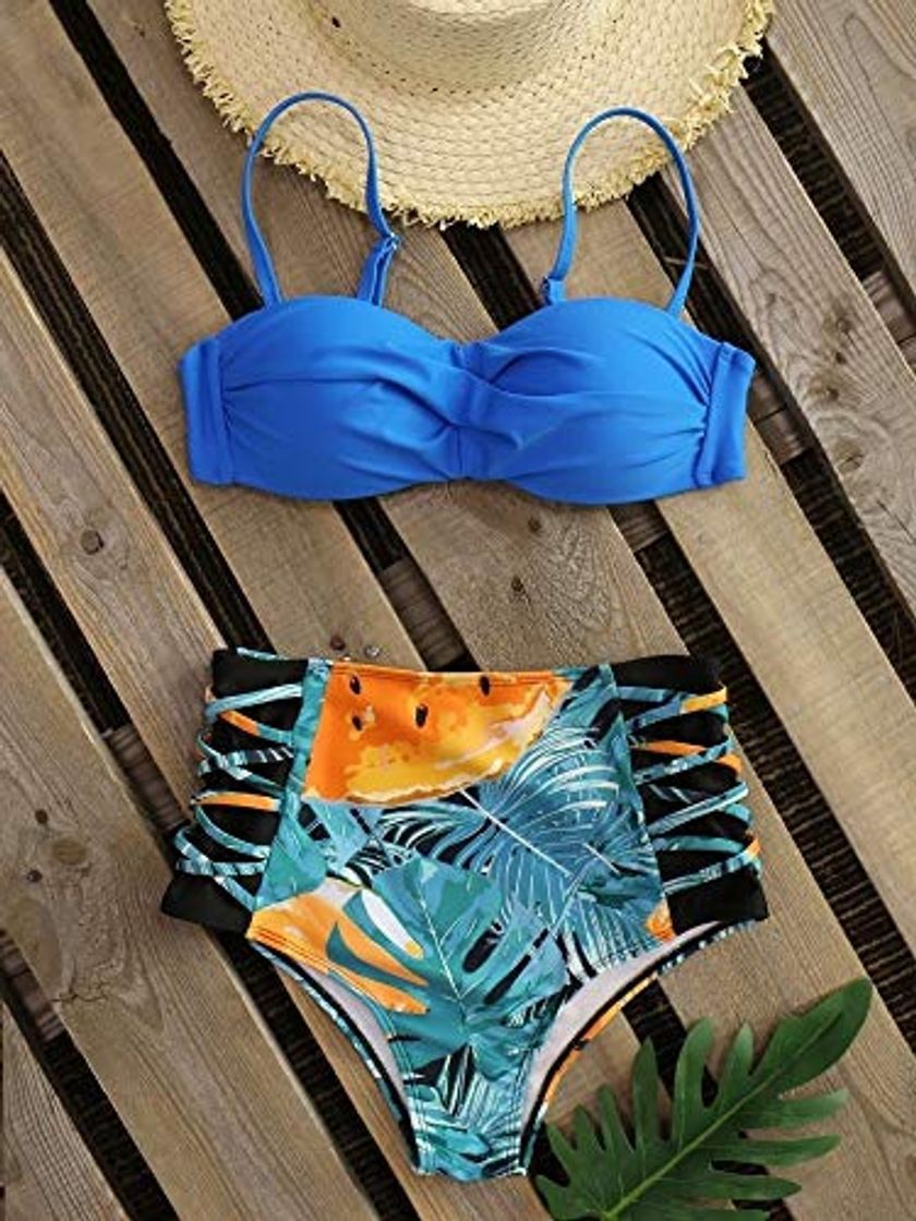 Moda Hermosa y encantadora De cintura alta Bikini de 2020 nuevos atractivos superior azul de las hojas impresas inferior del traje de baño de las mujeres ata for arriba el traje de baño ropa de playa Biqui