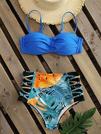 Hermosa y encantadora De cintura alta Bikini de 2020 nuevos atractivos superior azul de las hojas impresas inferior del traje de baño de las mujeres ata for arriba el traje de baño ropa de playa Biqui