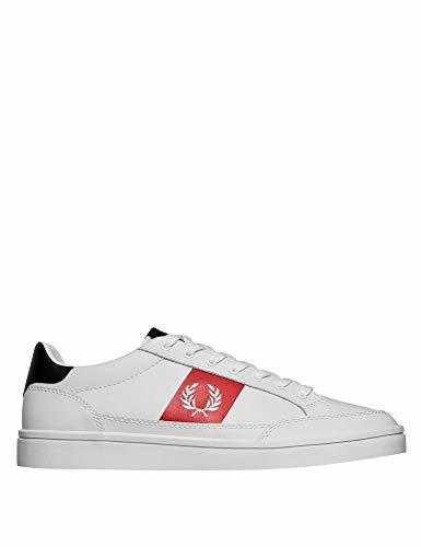 Product Fred Perry Deuce Hombres Blanco/Rojo/Azul Marino Cuero Zapatillas-UK 9