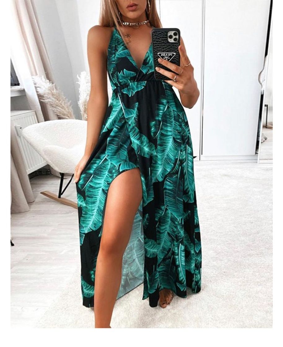Social Backless Leaf Print Midi Dress