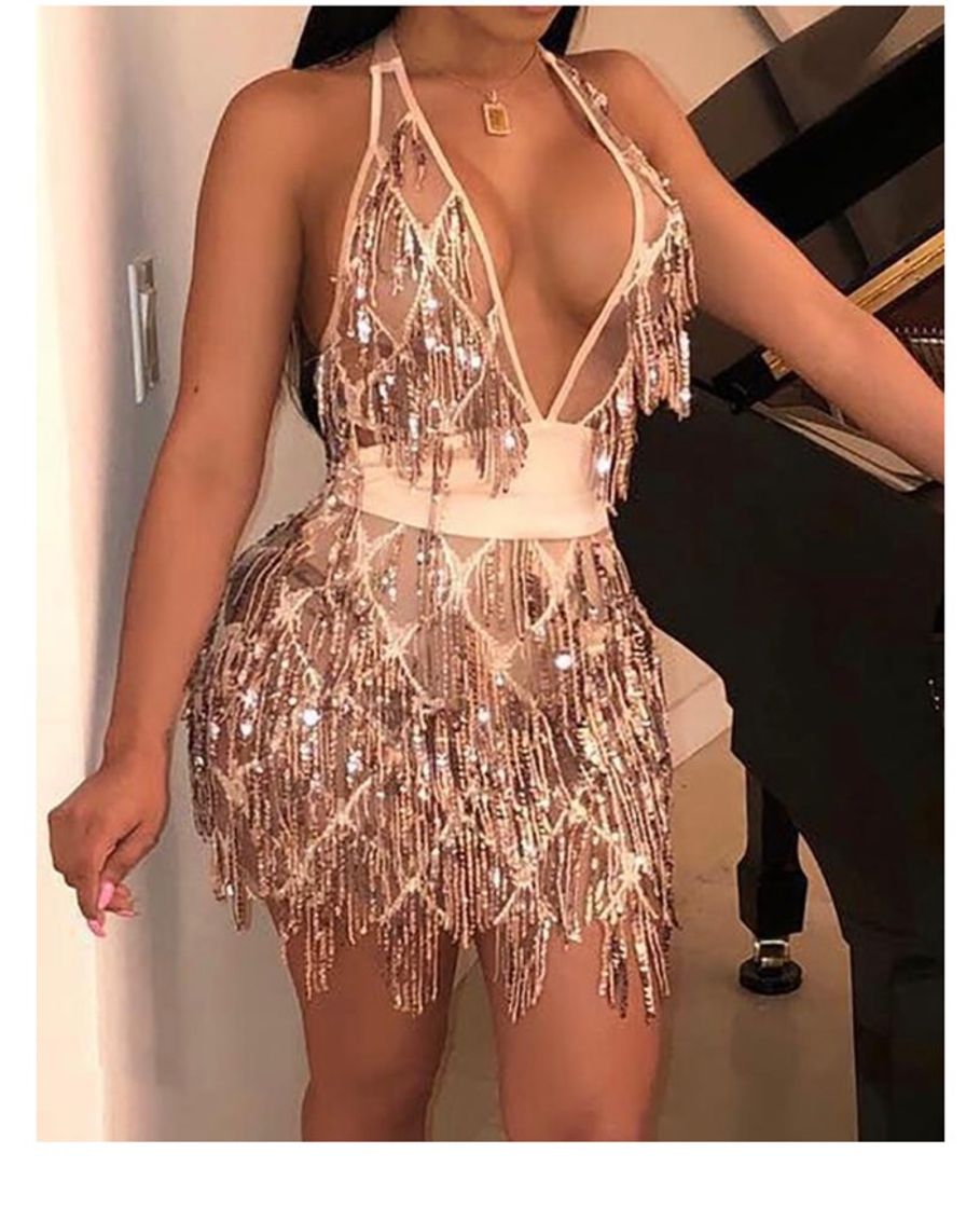 Fashion Plunge Crisscross Open Back Sequin Party Dress