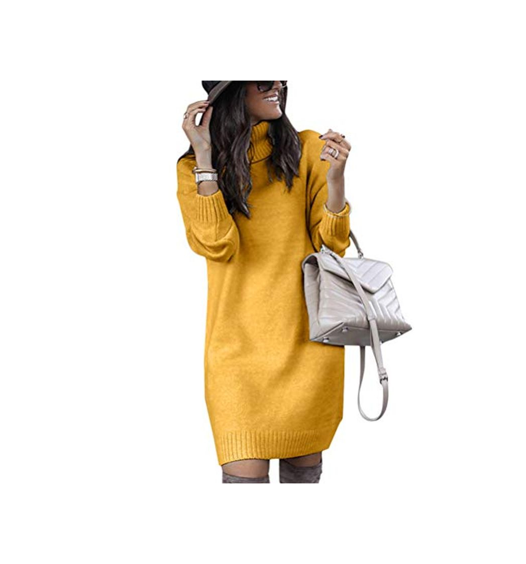 Moda Minetom Mujeres de Punto Vestido Cuello Alto Manga Larga Mini Dress Color Sólido Otoño Invierno Suéter Largo Amarillo 42