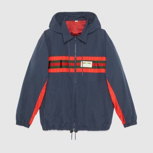 Blue Nylon jacket with Web and Gucci label
