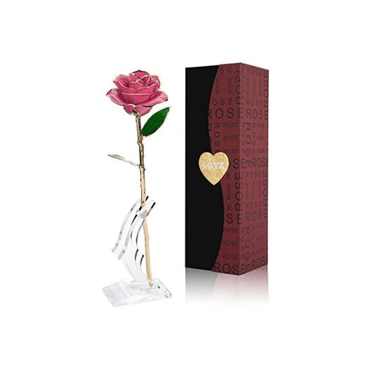 24K Gold Rose Flower/Gold Foil Artificial Forever Rose with Transparent Stand &