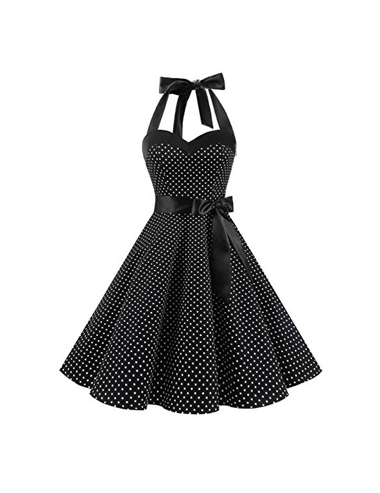 Fashion Dresstells® Halter 50s Rockabilly Polka Dots Audrey Dress Retro Cocktail Dress Black