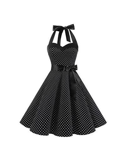 Dresstells® Halter 50s Rockabilly Polka Dots Audrey Dress Retro Cocktail Dress Black
