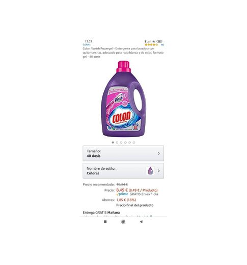 Detergente colon  8'49€ ahorras 1'85€  en compra recurrente 